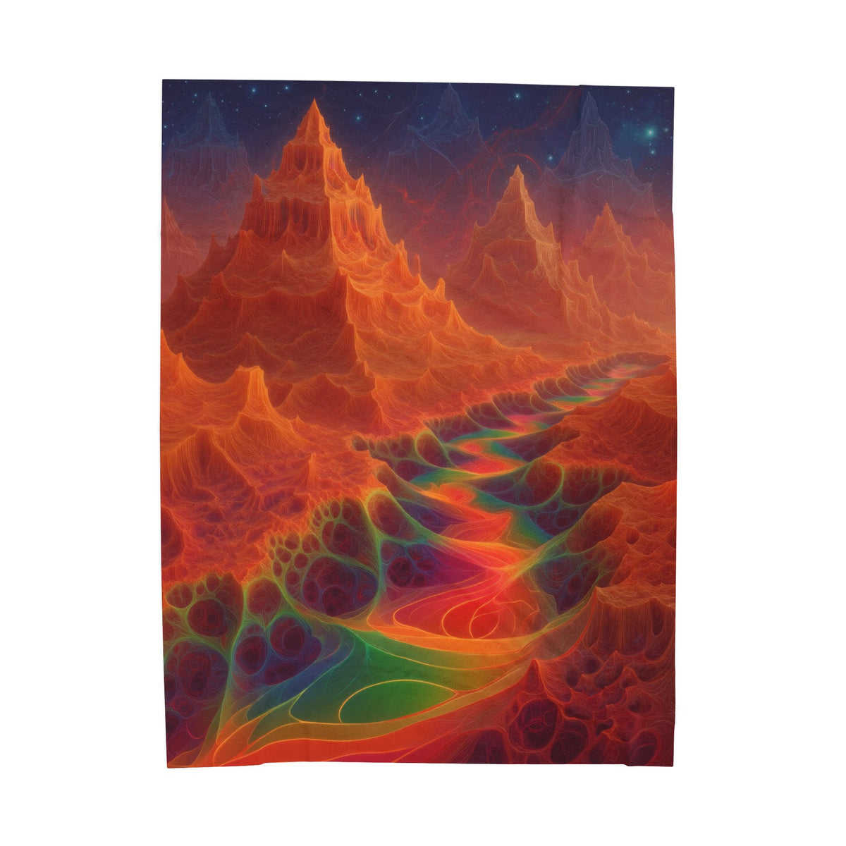 The Current Remembers velveteen plush blanket, 60 × 80 in with a luminous winding current and orange mountains beneath a starry sky