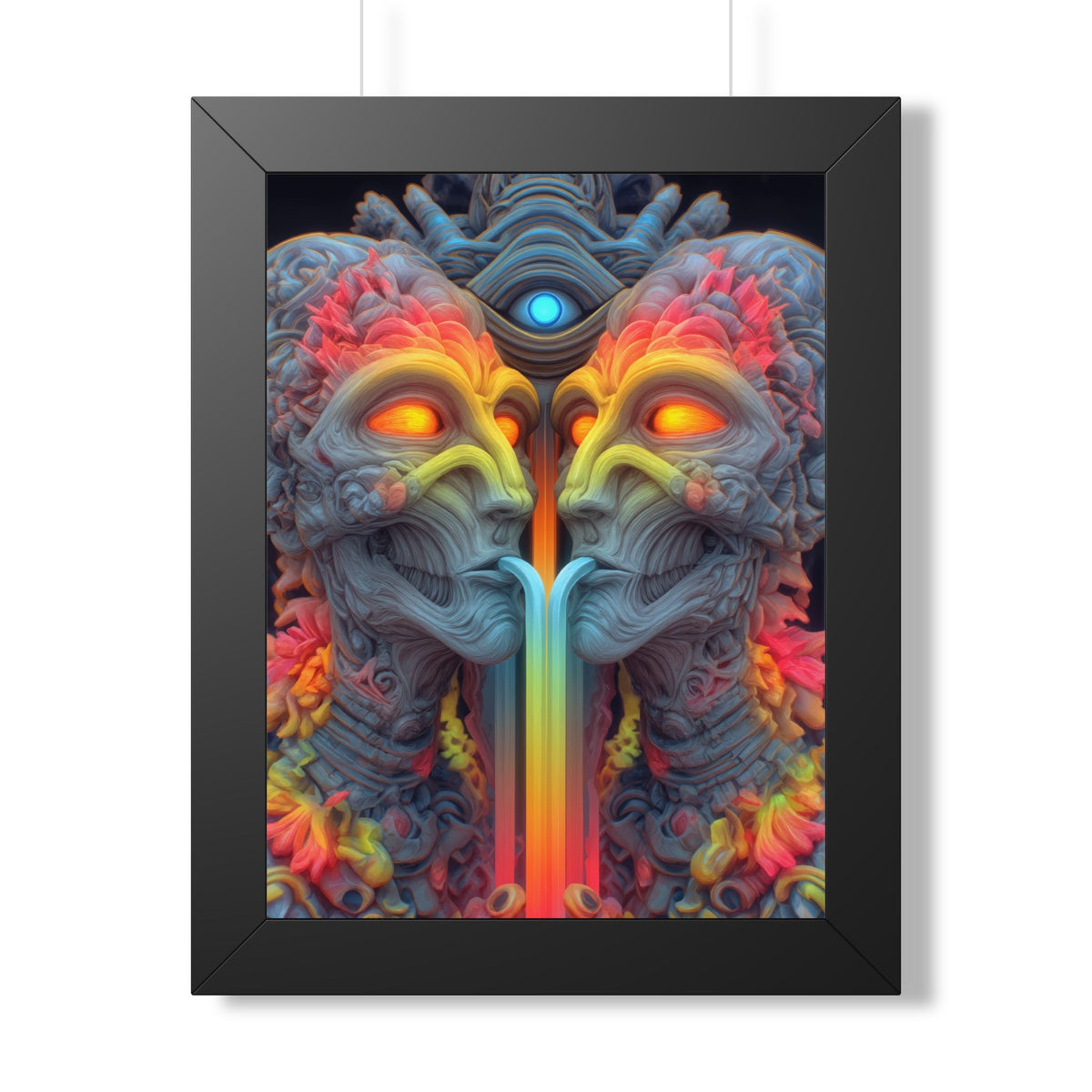 Where the Mirror Becomes a River — Black Framed Print, 12 × 16 in — mirrored faces with glowing eyes and a shared stream of color