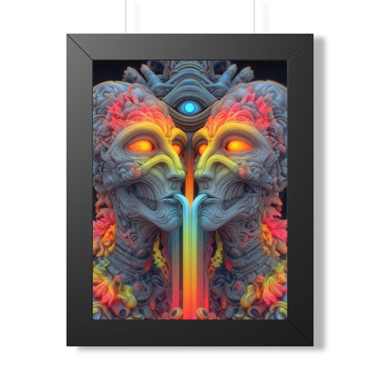 Where the Mirror Becomes a River — Black Framed Print, 12 × 16 in — mirrored faces with glowing eyes and a shared stream of color