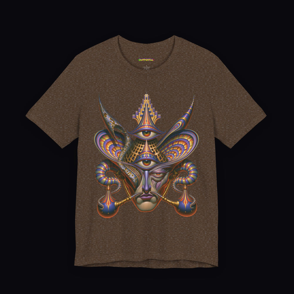 Ornate face with stacked eyes and gold-violet architectural curves on a Heather Brown DMTPORTAL T-shirt