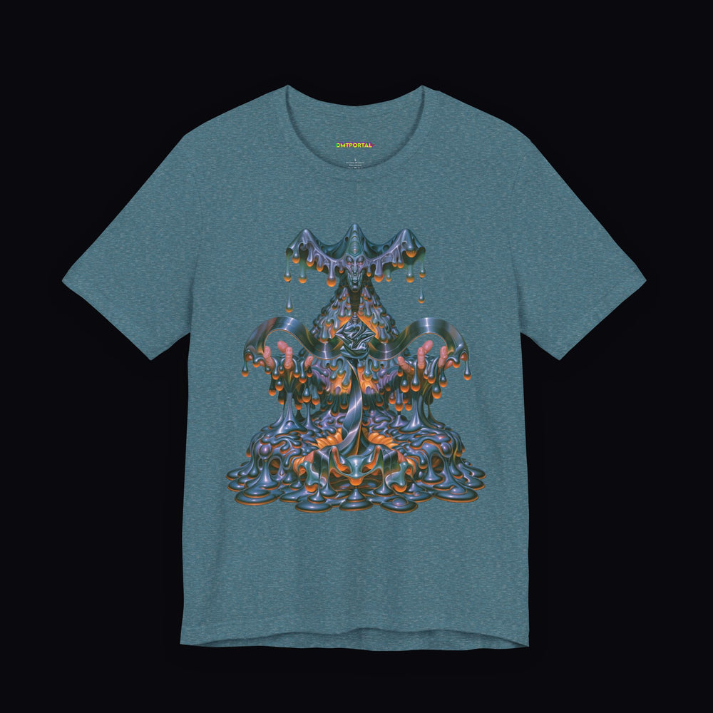 Liquid-looking blue and amber ceremonial structure with suspended droplets on a Heather Deep Teal DMTPORTAL T-shirt