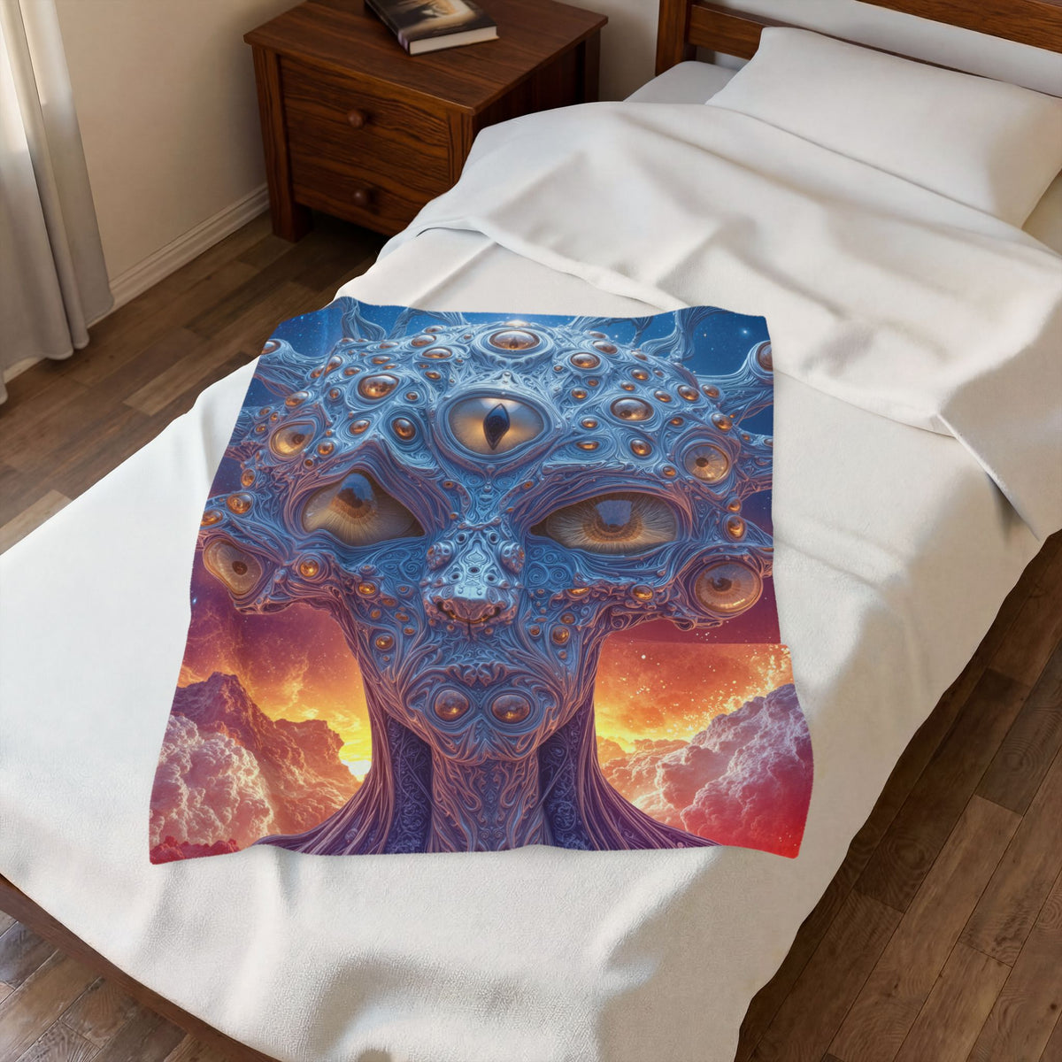 The Horizon Within the Gaze — Velveteen Plush Blanket, 30 × 40 in — intricate blue figure with amber eyes above luminous clouds
