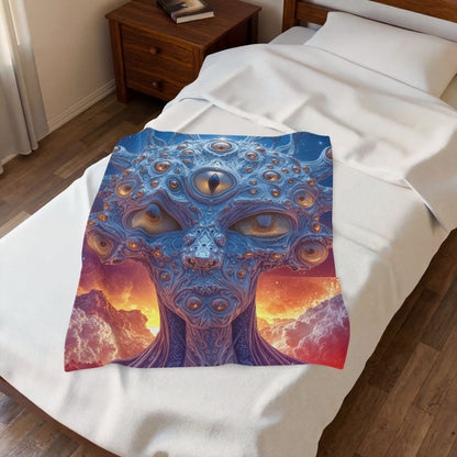 The Horizon Within the Gaze — Velveteen Plush Blanket, 30 × 40 in — intricate blue figure with amber eyes above luminous clouds