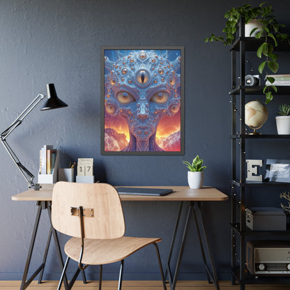 The Horizon Within the Gaze — Framed Fine Art Print, 24 × 32 in — intricate blue figure with amber eyes above luminous clouds