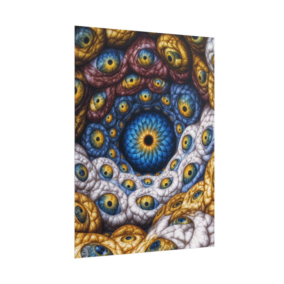 The Many Eyes of One Awareness — Rolled Art Print, 18 × 24 in — interwoven blue and gold eyes in ivory, ochre and mauve forms