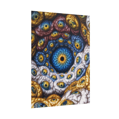 The Many Eyes of One Awareness — Rolled Art Print, 18 × 24 in — interwoven blue and gold eyes in ivory, ochre and mauve forms