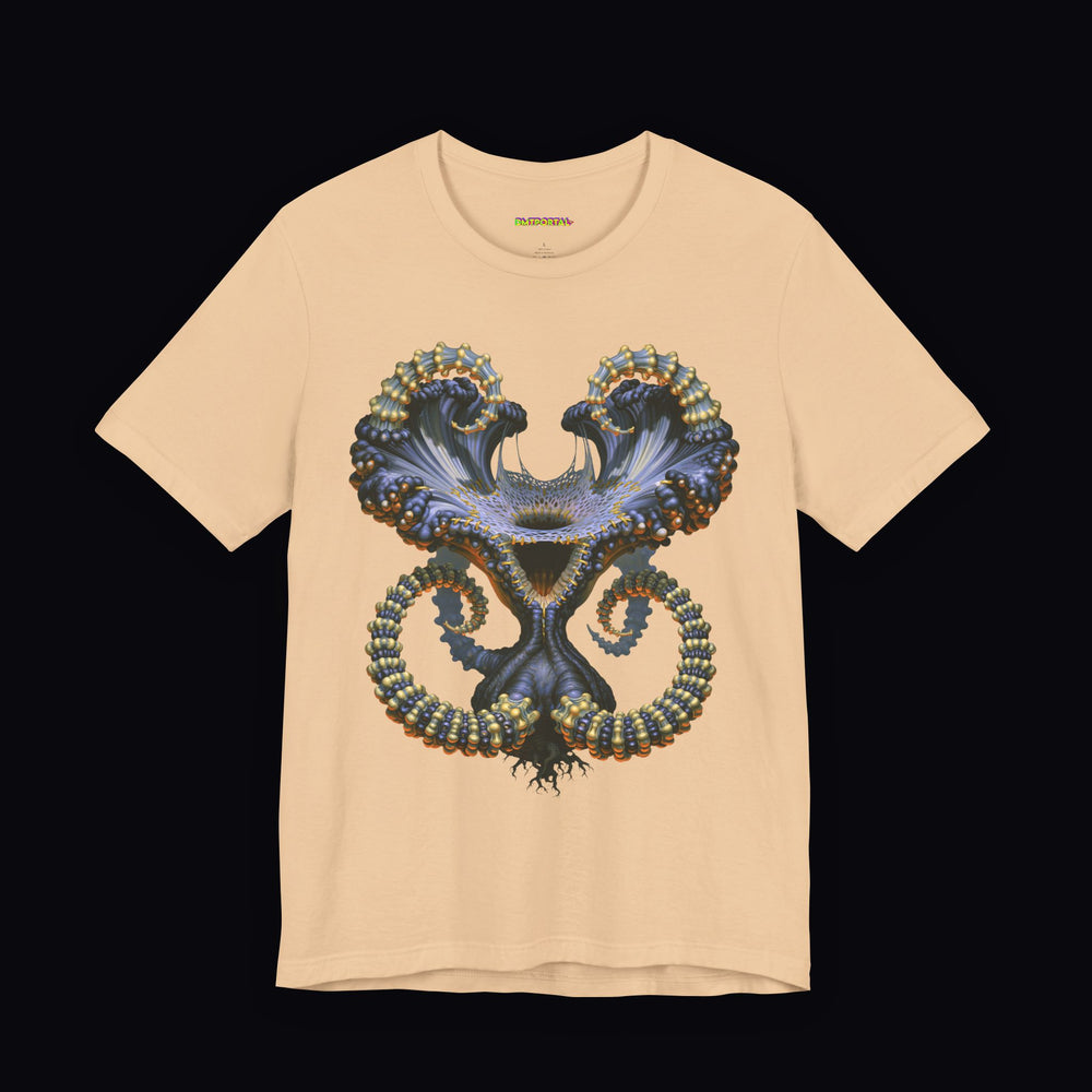 Blue and gold organic gate with mirrored curls and small roots on a Sand Dune DMTPORTAL T-shirt
