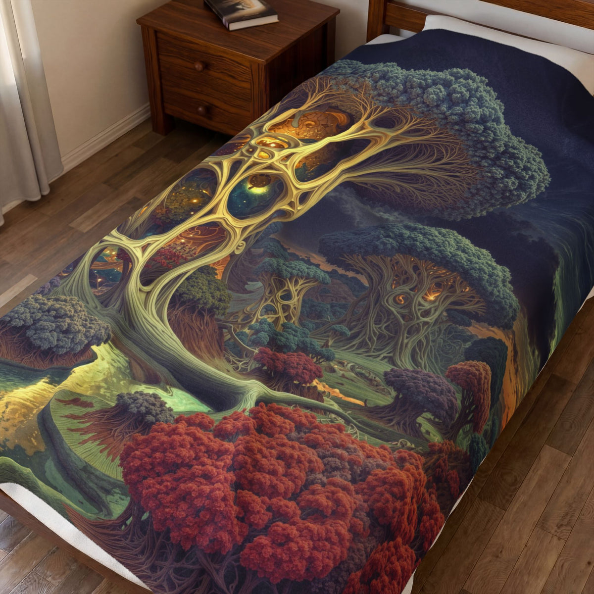 The Quiet Architecture of Becoming — Velveteen Plush Blanket, 60 × 80 in — luminous lattice trees and coral groves beside a winding river