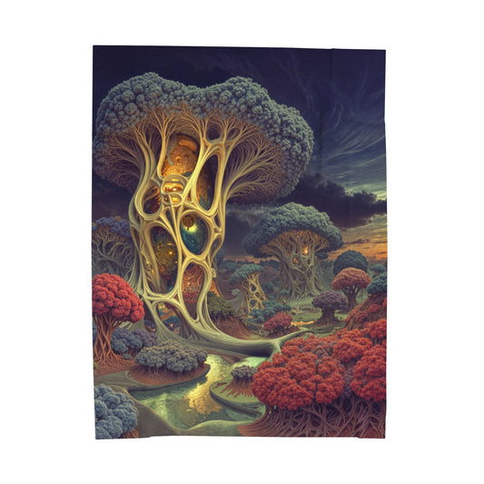 The Quiet Architecture of Becoming — Velveteen Plush Blanket, 60 × 80 in — luminous lattice trees and coral groves beside a winding river