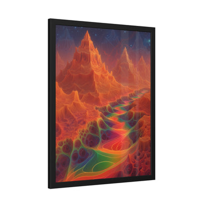 The Current Remembers framed fine art print, 24 × 32 in with a luminous winding current and orange mountains beneath a starry sky