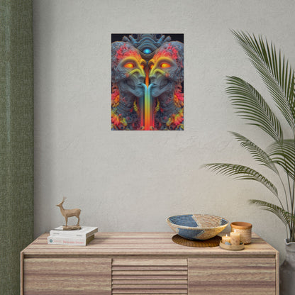 Where the Mirror Becomes a River — Rolled Art Print, 18 × 24 in — mirrored faces with glowing eyes and a shared stream of color
