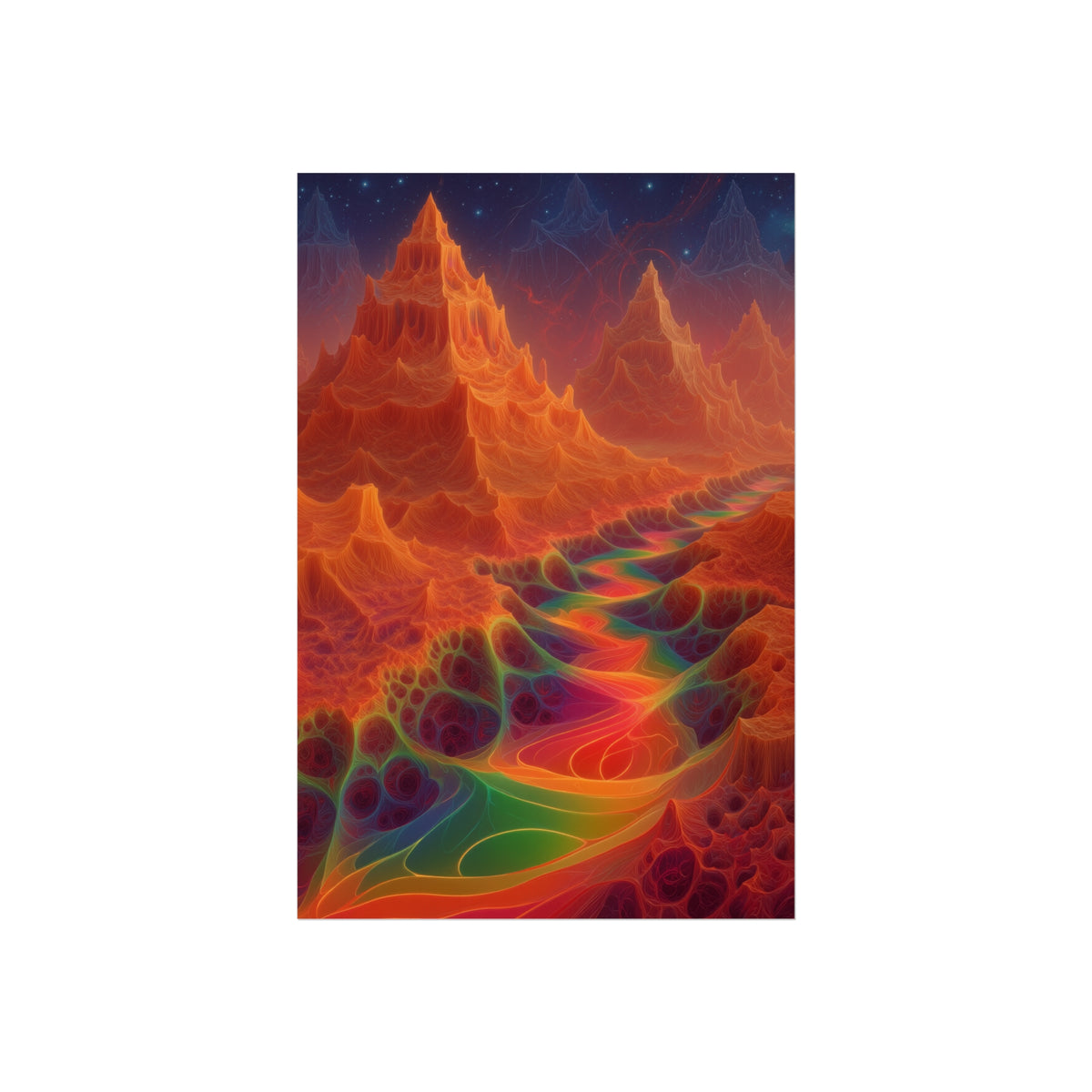 The Current Remembers large matte poster, 32 × 48 in with a luminous winding current and orange mountains beneath a starry sky