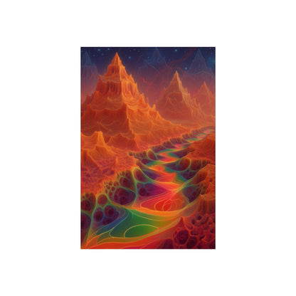The Current Remembers large matte poster, 32 × 48 in with a luminous winding current and orange mountains beneath a starry sky