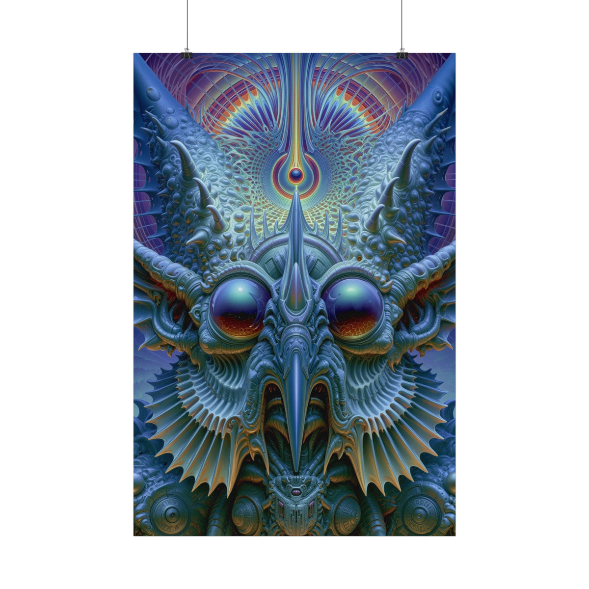 The Threshold That Refines — Satin Art Poster, 24 × 36 in — a symmetrical blue guardian with reflective eyes, pointed horns and intricate geometry