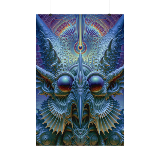 The Threshold That Refines — Satin Art Poster, 24 × 36 in — a symmetrical blue guardian with reflective eyes, pointed horns and intricate geometry