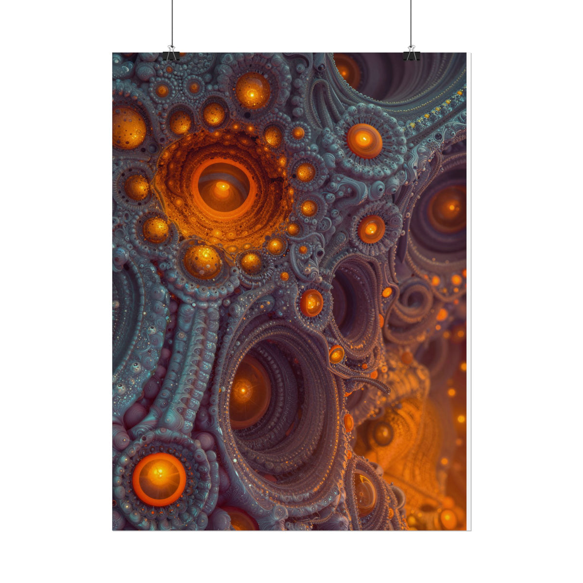 The Architecture of Inner Light — Rolled Art Print, 18 × 24 in — glowing amber chambers in intricate blue-gray and violet structures