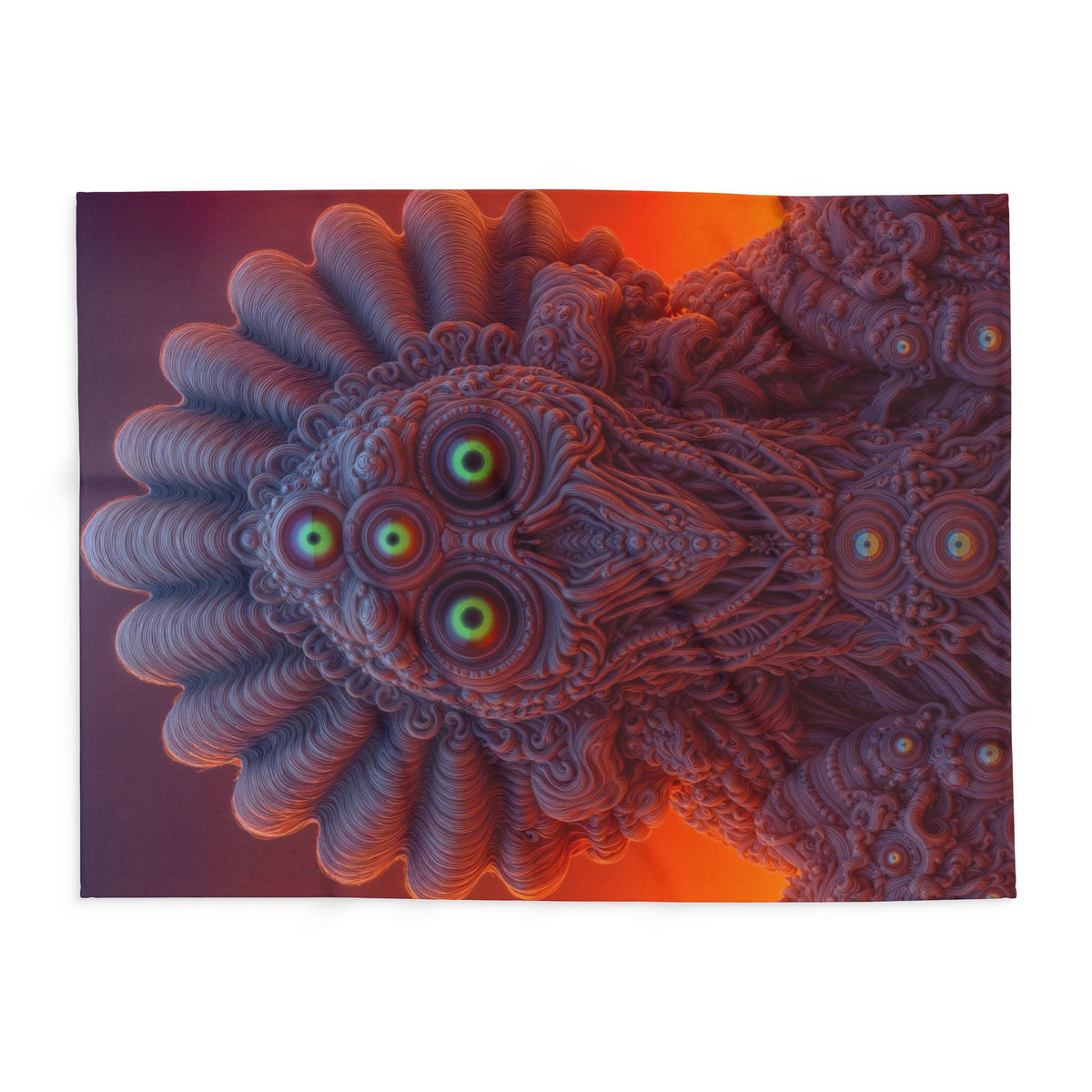 Where Every Gaze Becomes a Center — Arctic Fleece Blanket, 60 × 80 in — many-eyed figure with a rippling crown against an orange sky