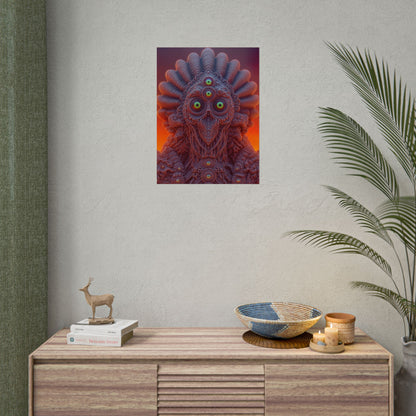 Where Every Gaze Becomes a Center — Rolled Art Print, 18 × 24 in — many-eyed figure with a rippling crown against an orange sky