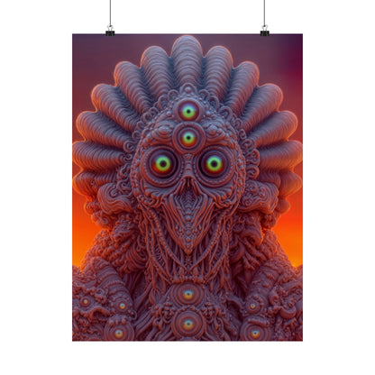 Where Every Gaze Becomes a Center — Matte Art Poster, 18 × 24 in — many-eyed figure with a rippling crown against an orange sky