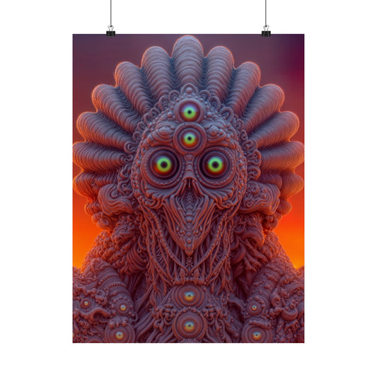 Where Every Gaze Becomes a Center — Matte Art Poster, 18 × 24 in — many-eyed figure with a rippling crown against an orange sky