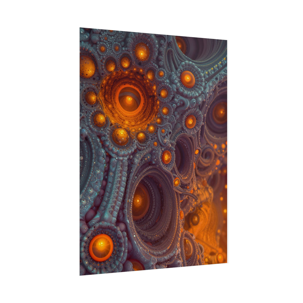 The Architecture of Inner Light — Rolled Art Print, 18 × 24 in — glowing amber chambers in intricate blue-gray and violet structures