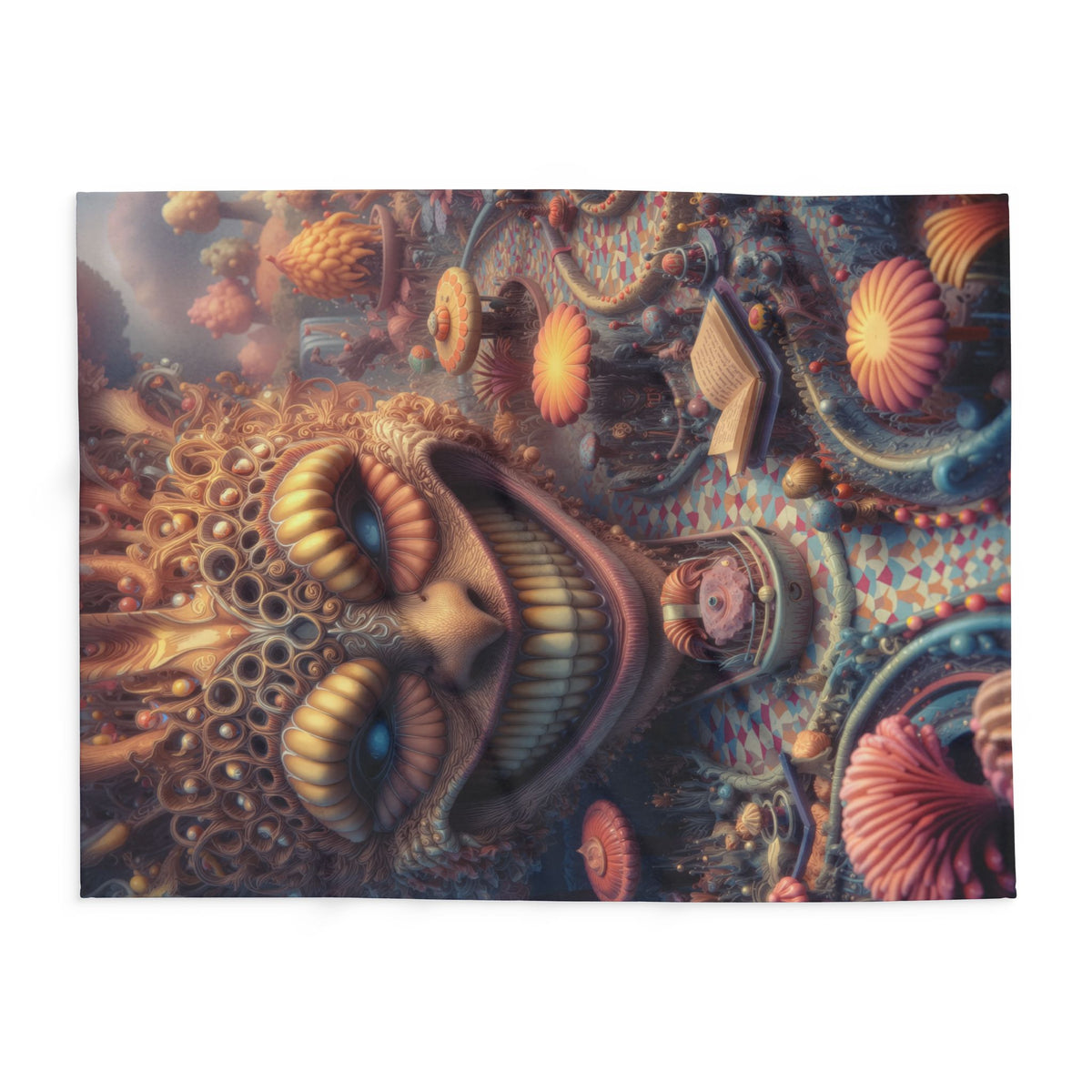 The Invitation Beneath the Grin — Arctic Fleece Blanket, 60 × 80 in — ornate grinning face above winding mosaic paths and coral garden forms