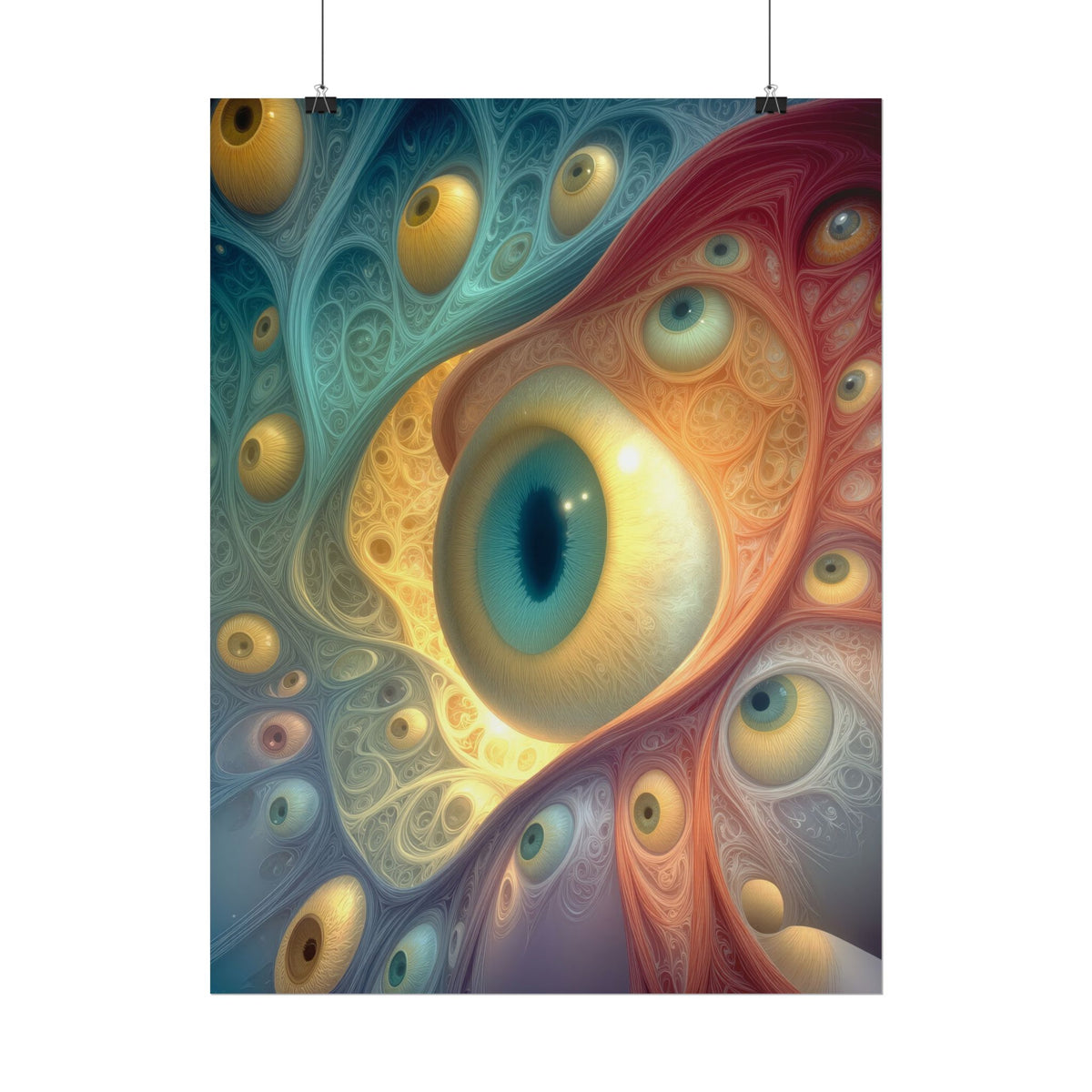 A Chorus of Seeing 18 × 24 inch rolled art print featuring golden eyes among flowing teal and crimson forms
