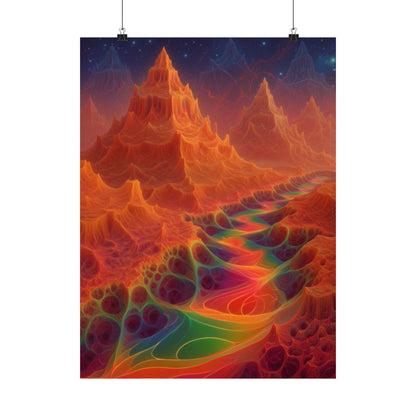 The Current Remembers matte art poster, 18 × 24 in with a luminous winding current and orange mountains beneath a starry sky