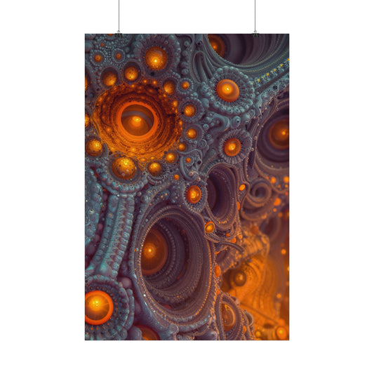 The Architecture of Inner Light — Satin Art Poster, 24 × 36 in — glowing amber chambers in intricate blue-gray and violet structures