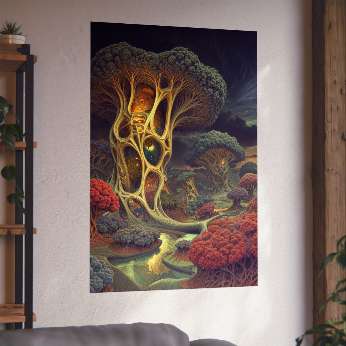 The Quiet Architecture of Becoming — Large Matte Poster, 32 × 48 in — luminous lattice trees and coral groves beside a winding river