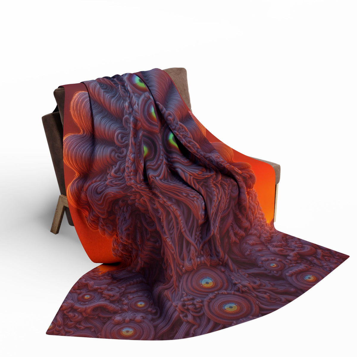Where Every Gaze Becomes a Center — Arctic Fleece Blanket, 60 × 80 in — many-eyed figure with a rippling crown against an orange sky