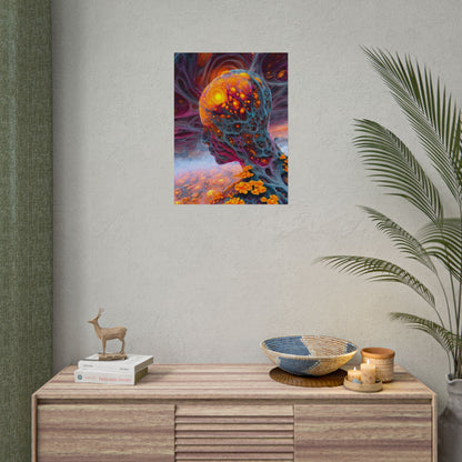 The Mind Becomes a Sun rolled art print, 18 × 24 in with a glowing golden head amid flowing blue and violet forms