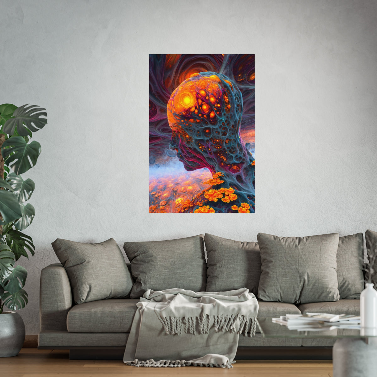 The Mind Becomes a Sun large matte poster, 32 × 48 in with a glowing golden head amid flowing blue and violet forms