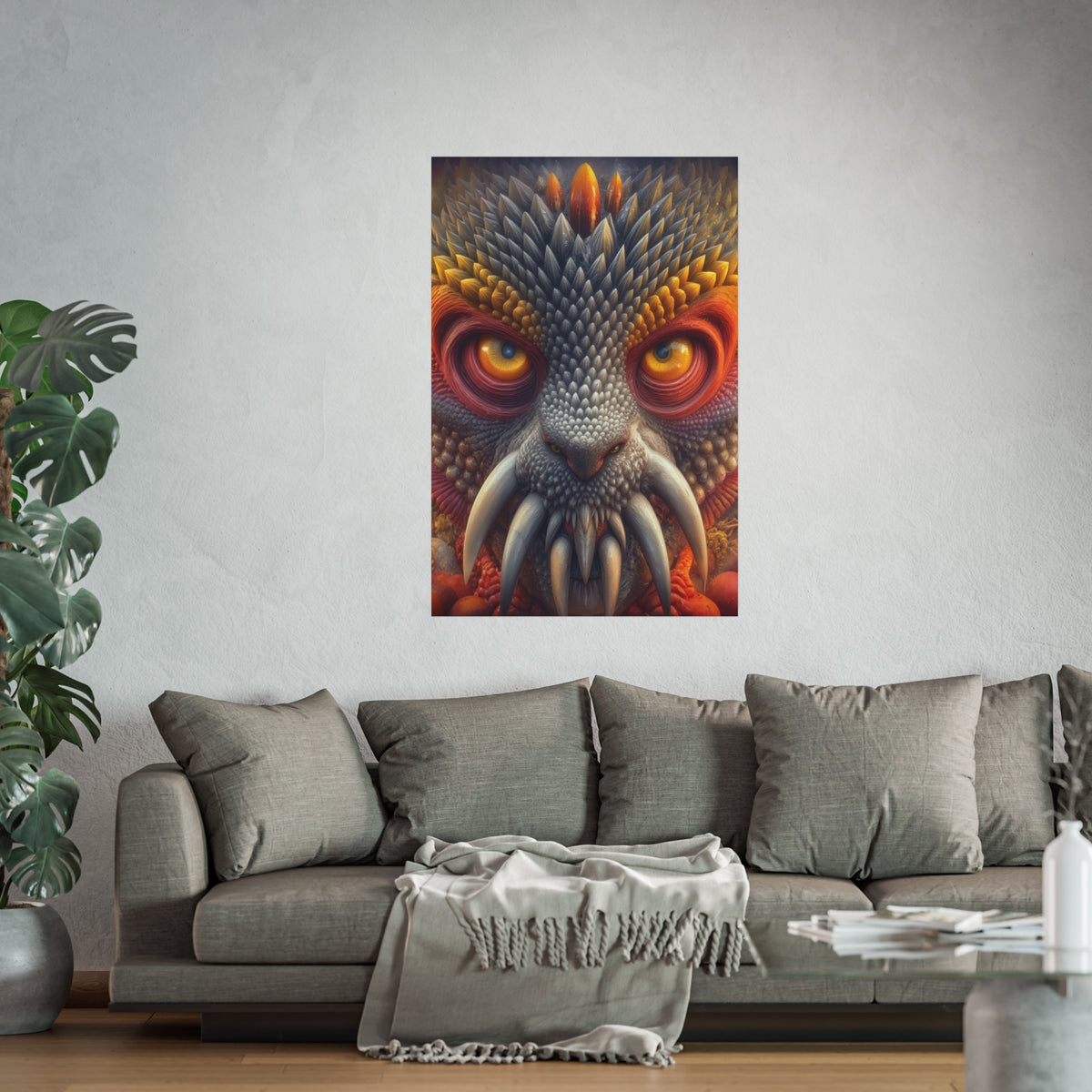 The Wisdom Beneath the Armor — Large Matte Poster, 32 × 48 in — golden-eyed creature with layered gray spines and ivory tusks