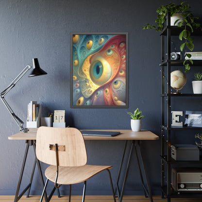 A Chorus of Seeing 24 × 32 inch fine art print in a black pinewood frame, featuring golden and teal psychedelic eyes