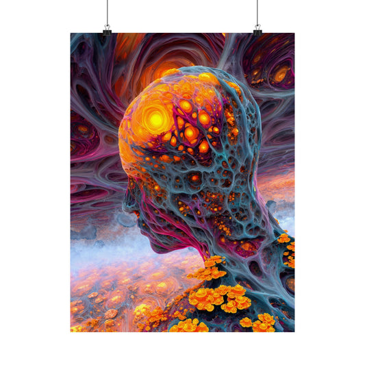 The Mind Becomes a Sun matte art poster, 18 × 24 in with a glowing golden head amid flowing blue and violet forms