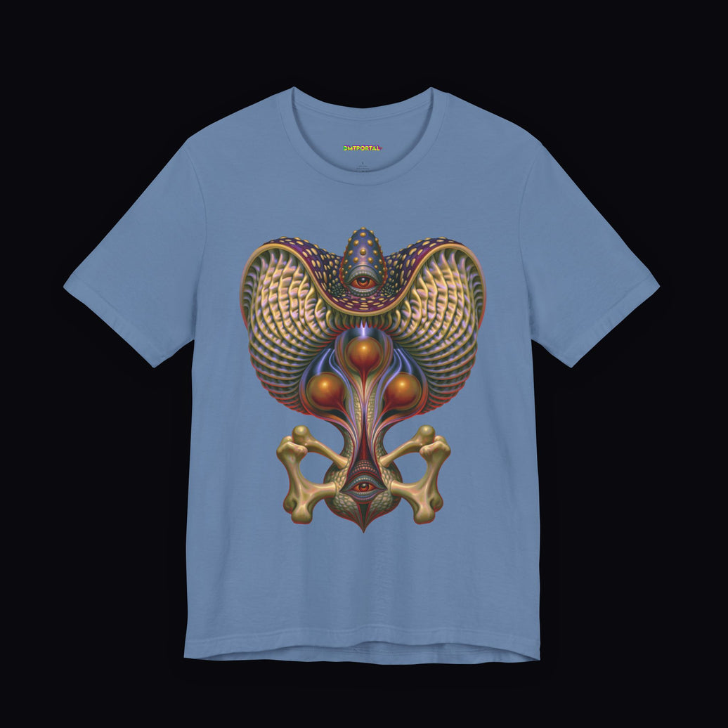 Gold and violet ribbed anatomical emblem with two eyes on a Lavender Blue DMTPORTAL T-shirt