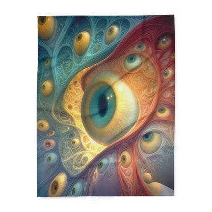 A Chorus of Seeing 60 × 80 inch Arctic fleece blanket with flowing blue and red forms and golden eyes