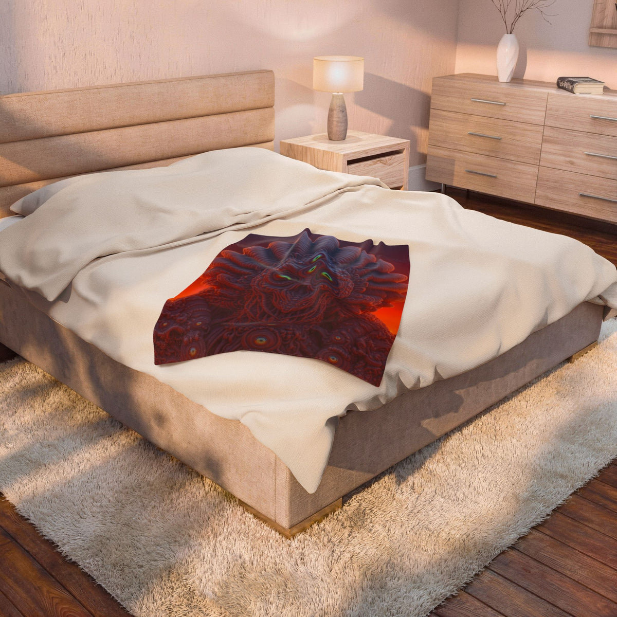 Where Every Gaze Becomes a Center — Velveteen Plush Blanket, 30 × 40 in — many-eyed figure with a rippling crown against an orange sky