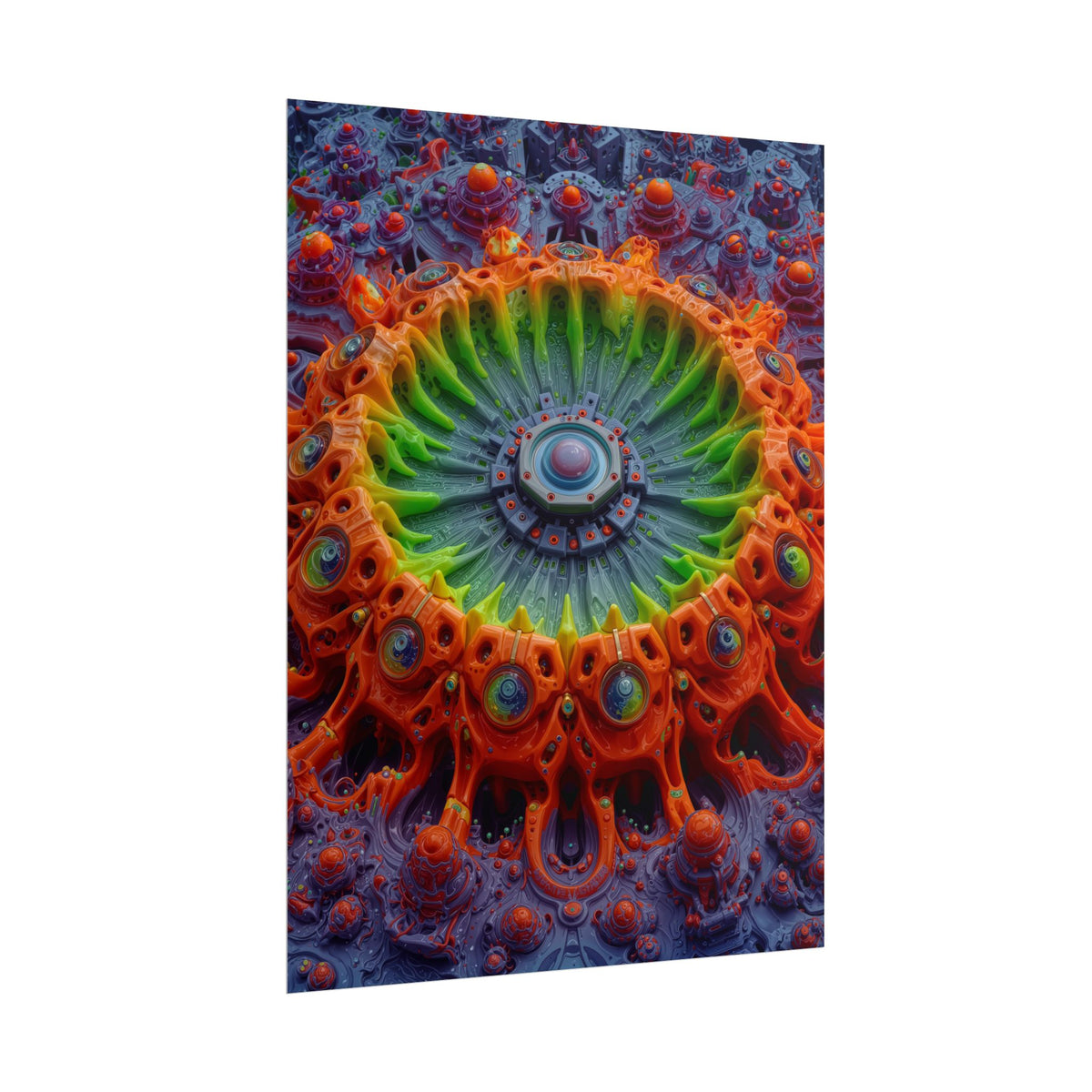 The Center Is a Choreography — Rolled Art Print, 18 × 24 in — orange and lime radial machinery with a violet core