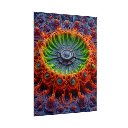 The Center Is a Choreography — Rolled Art Print, 18 × 24 in — orange and lime radial machinery with a violet core