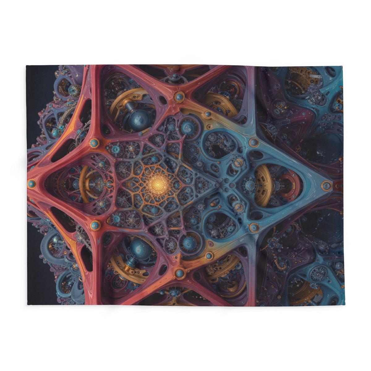 The Geometry of Surrender — Arctic Fleece Blanket, 60 × 80 in — interlocking coral and blue forms around a golden center