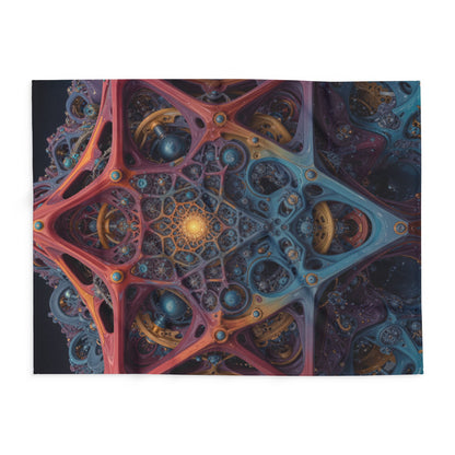 The Geometry of Surrender — Arctic Fleece Blanket, 60 × 80 in — interlocking coral and blue forms around a golden center