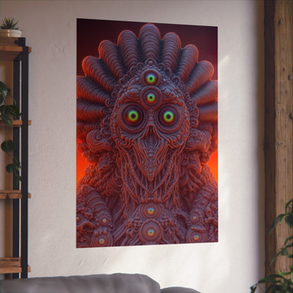 Where Every Gaze Becomes a Center — Large Matte Poster, 32 × 48 in — many-eyed figure with a rippling crown against an orange sky