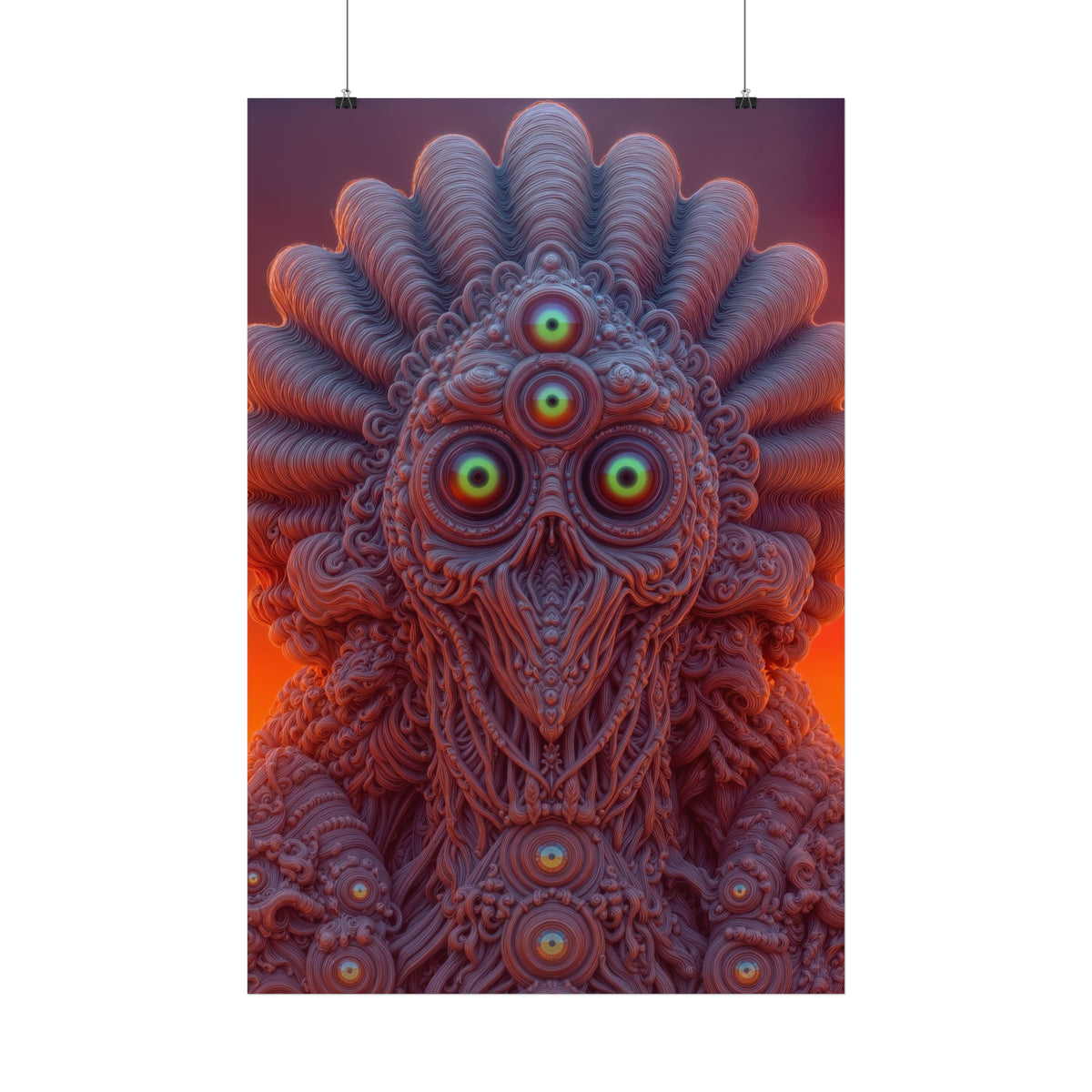 Where Every Gaze Becomes a Center — Satin Art Poster, 24 × 36 in — many-eyed figure with a rippling crown against an orange sky