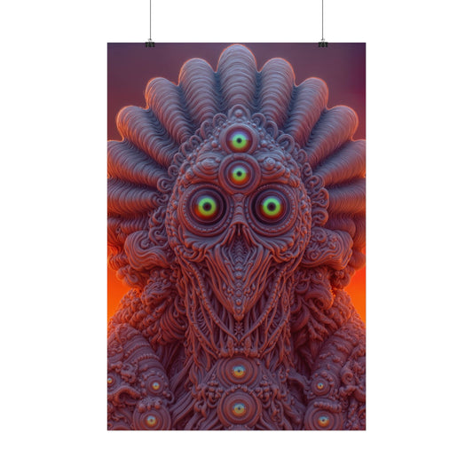 Where Every Gaze Becomes a Center — Satin Art Poster, 24 × 36 in — many-eyed figure with a rippling crown against an orange sky