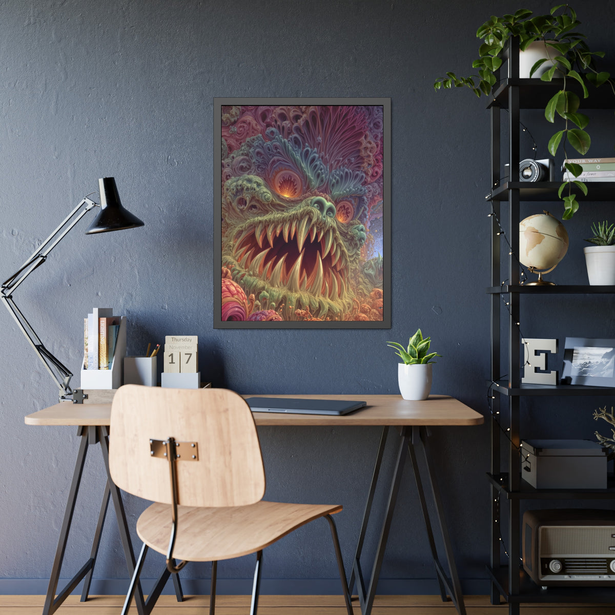 Where Fear Becomes a Passage — Framed Fine Art Print, 24 × 32 in — fanged creature with glowing eyes amid sage and mauve organic forms