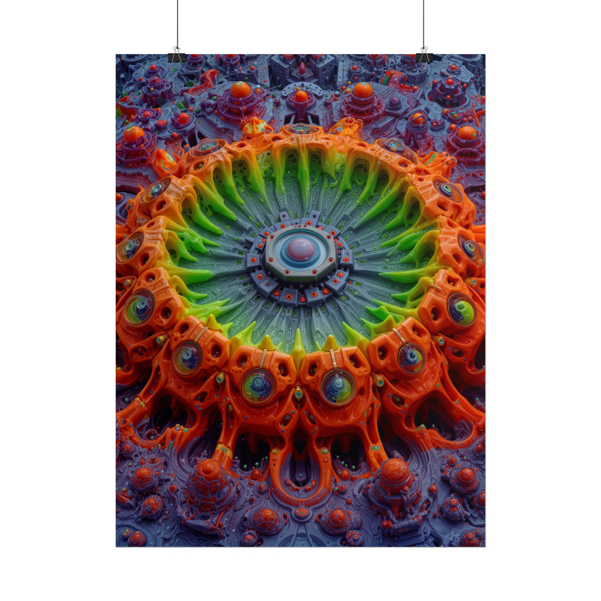 The Center Is a Choreography — Rolled Art Print, 18 × 24 in — orange and lime radial machinery with a violet core