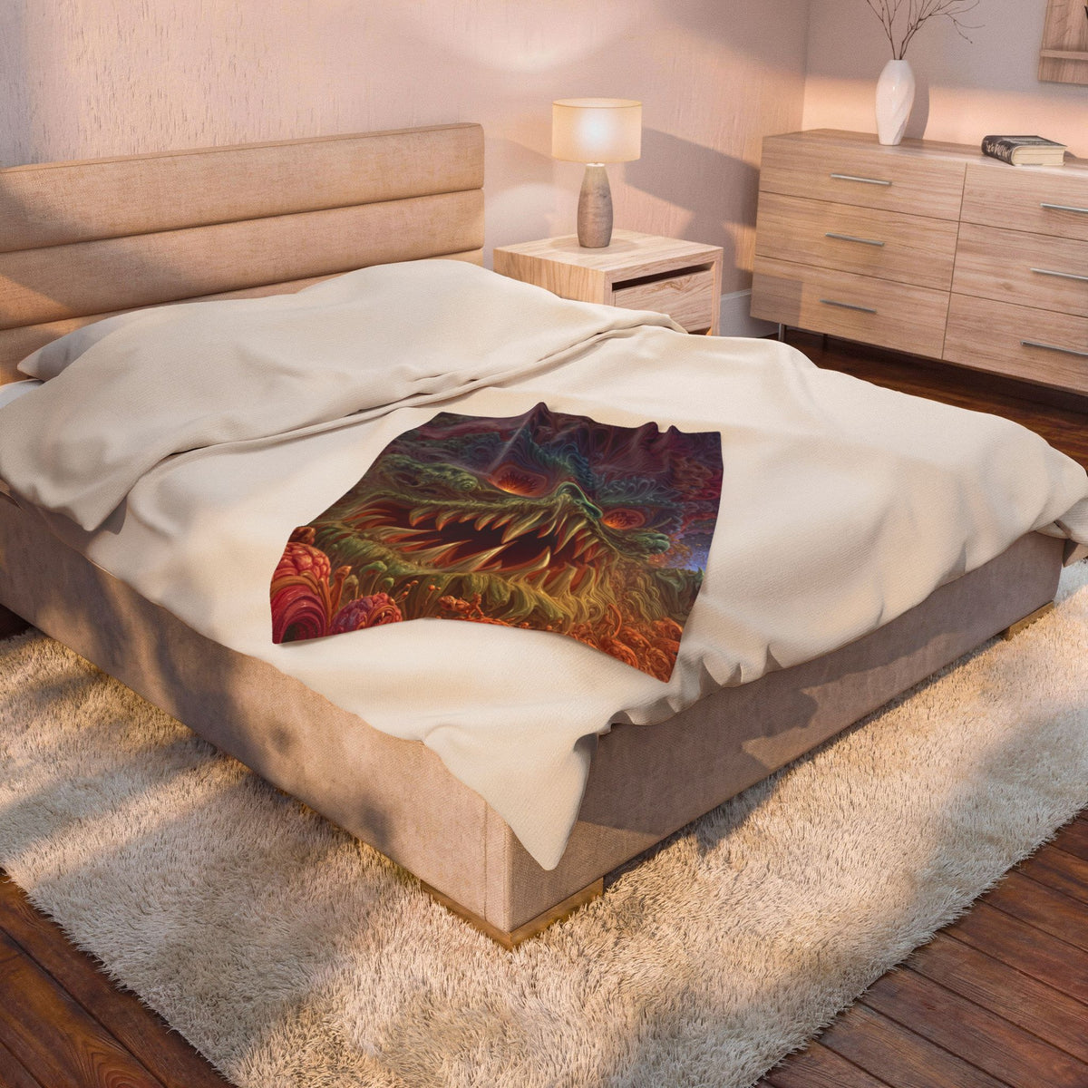 Where Fear Becomes a Passage — Velveteen Plush Blanket, 30 × 40 in — fanged creature with glowing eyes amid sage and mauve organic forms