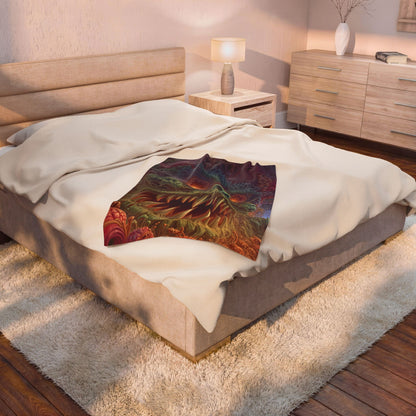 Where Fear Becomes a Passage — Velveteen Plush Blanket, 30 × 40 in — fanged creature with glowing eyes amid sage and mauve organic forms